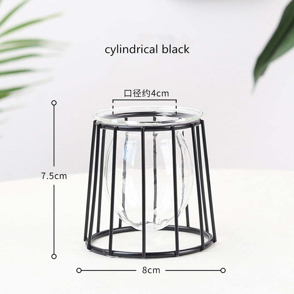 Iron Line Flower Vase Metal Plant Holder Modern Home Decor Vases Ornament Nordic Style Golden Black Glass Hydroponic Container.